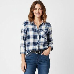 Rails Ivory & Blue Plaid Gingham Checker Long Sleeve Soft Button Up Top S